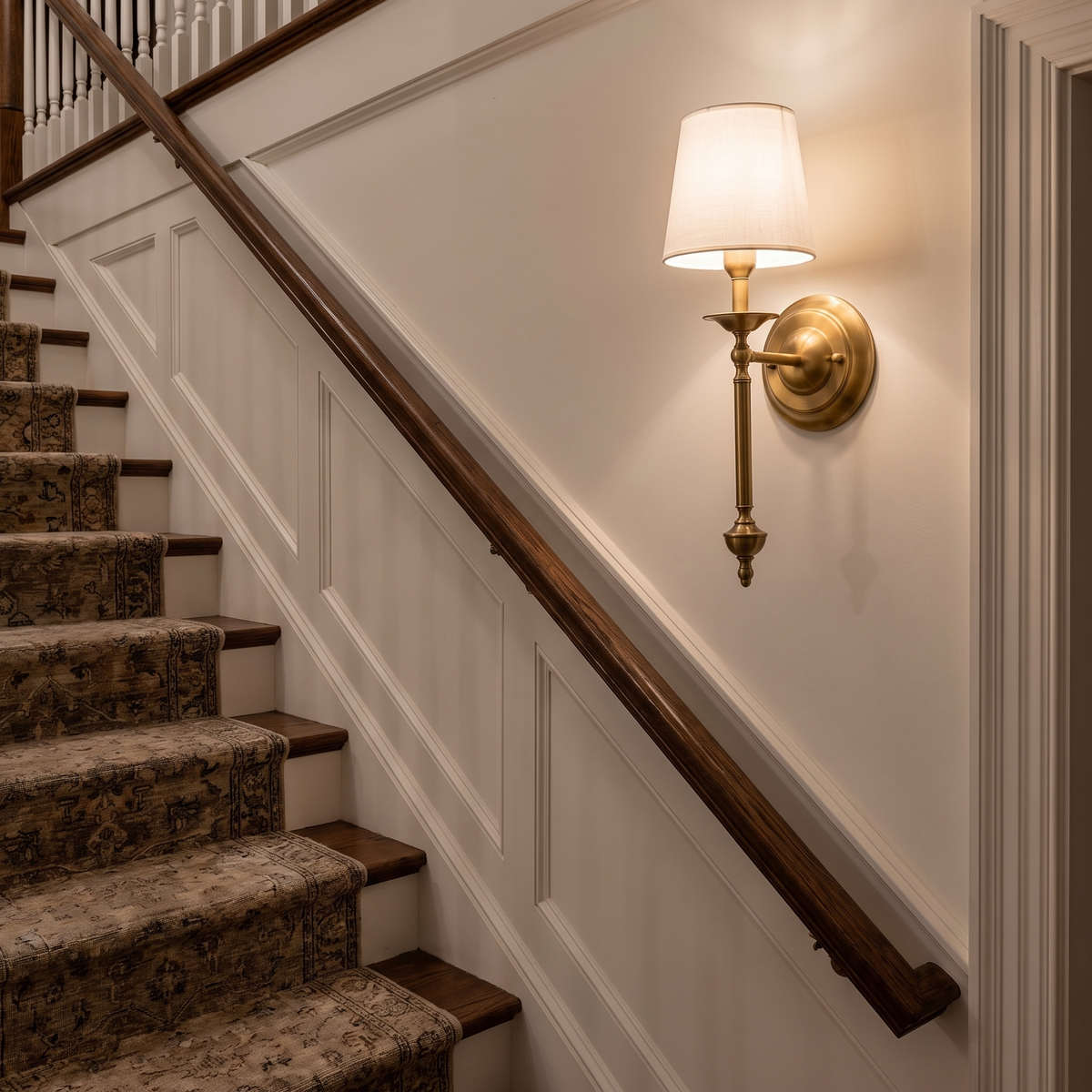 Rowan Antique Copper Wall Sconce on a staircase wall