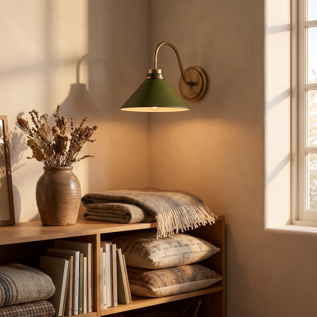 Aurenza dark olive globe sconce in a living room