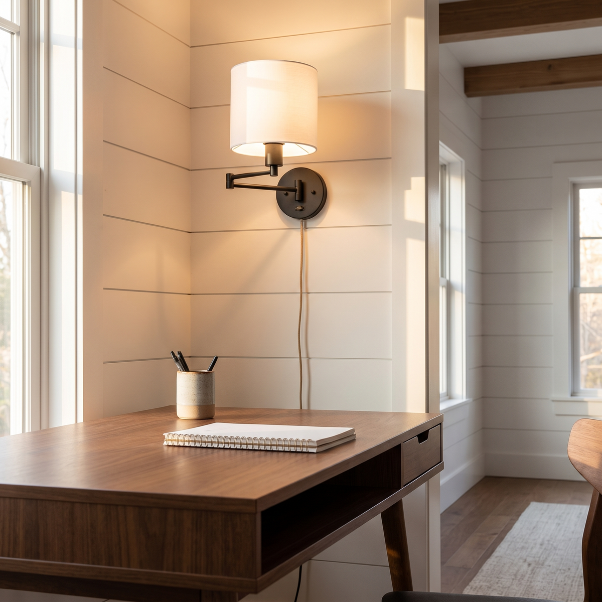 Swing Arm Fabric Sconce Light above a home office desk