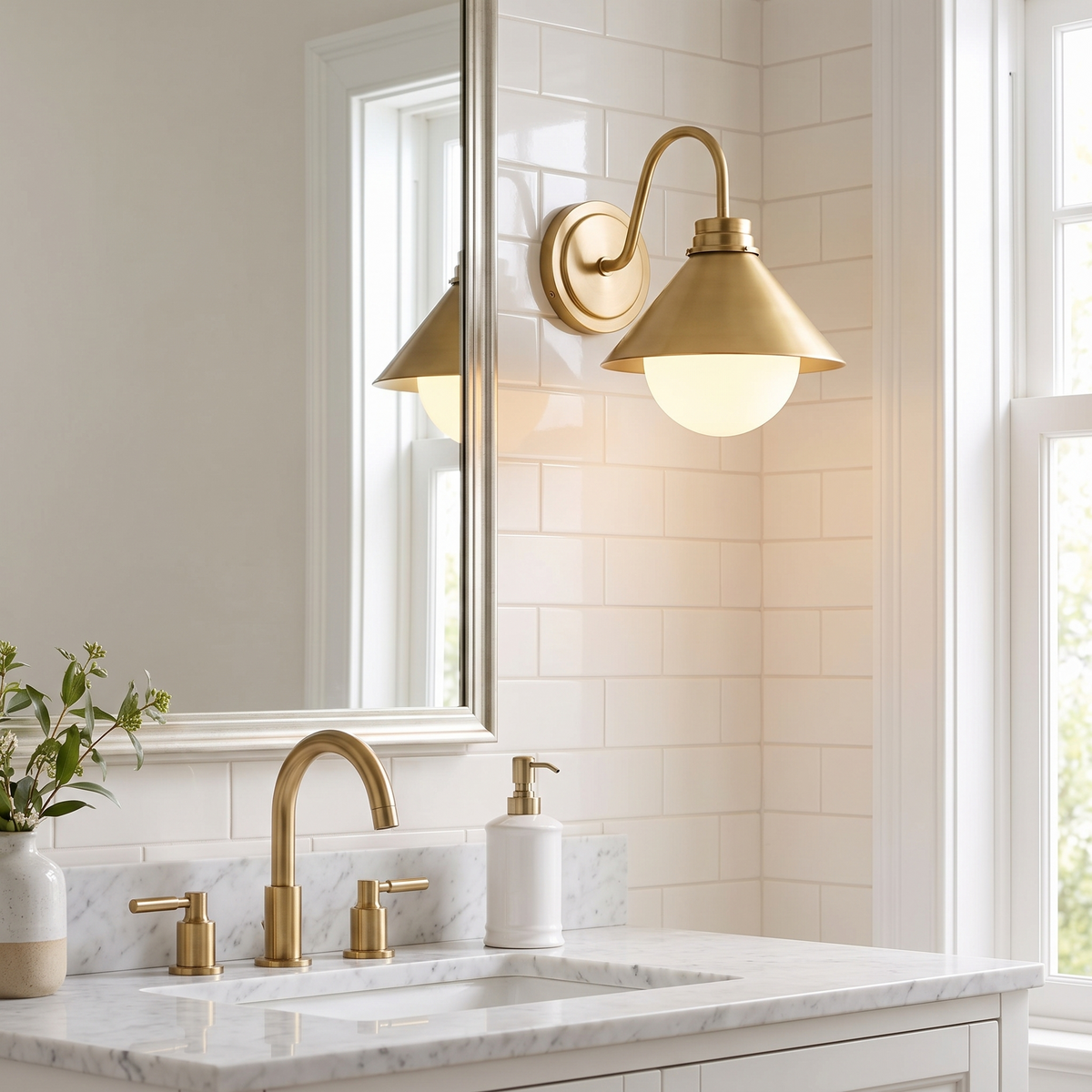 Aurenza champagne bronze globe sconce beside a bathroom mirror