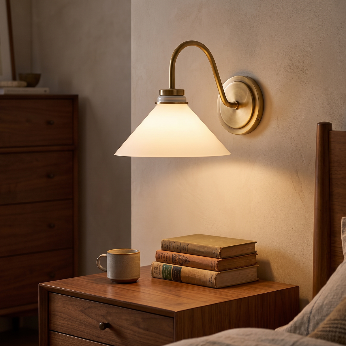 Aurenza Curved Arm Globe Sconce above a bedroom nightstand