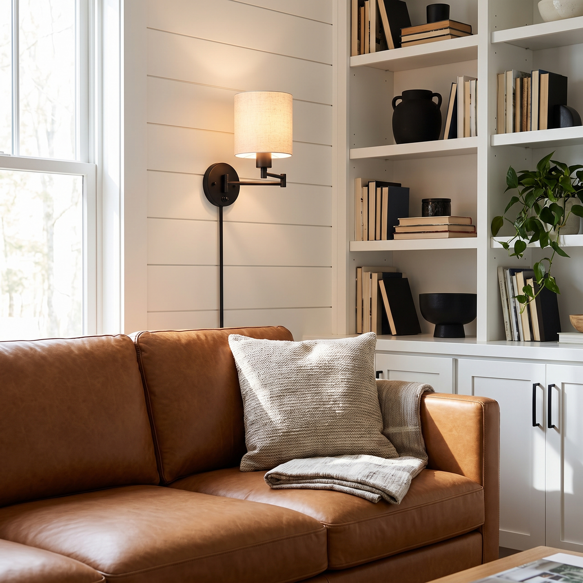 Swing Arm Fabric Sconce Light in a den beside bookshelves