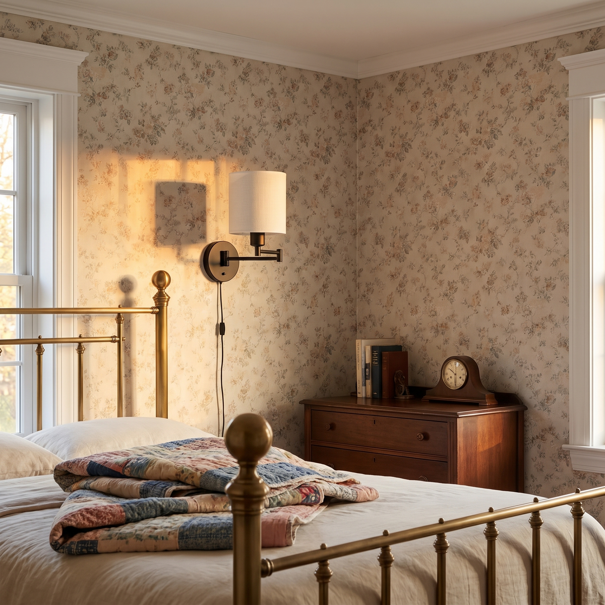 Swing Arm Fabric Sconce Light in a guest bedroom