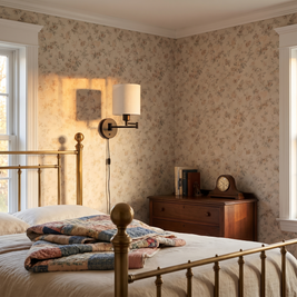 Swing Arm Fabric Sconce Light in a guest bedroom