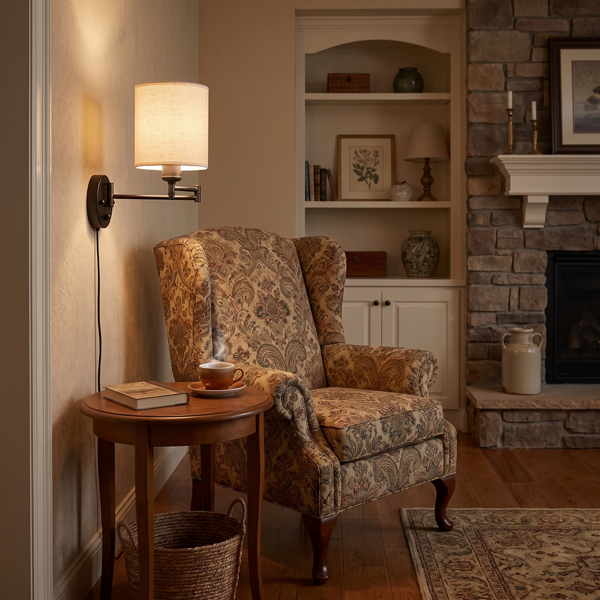 Swing Arm Fabric Sconce Light beside a reading chair