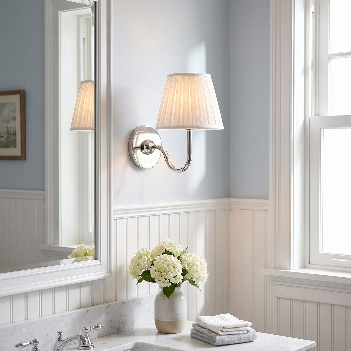 Luvora Fabric Drum Wall Sconce in chrome with white pleated shade