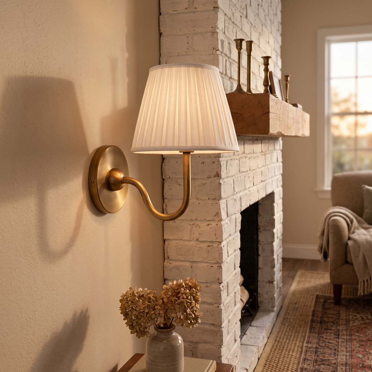 Luvora Fabric Drum Wall Sconce in brass with white pleated shade