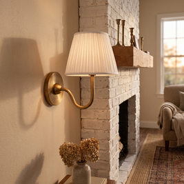 Luvora Fabric Drum Wall Sconce in brass with white pleated shade