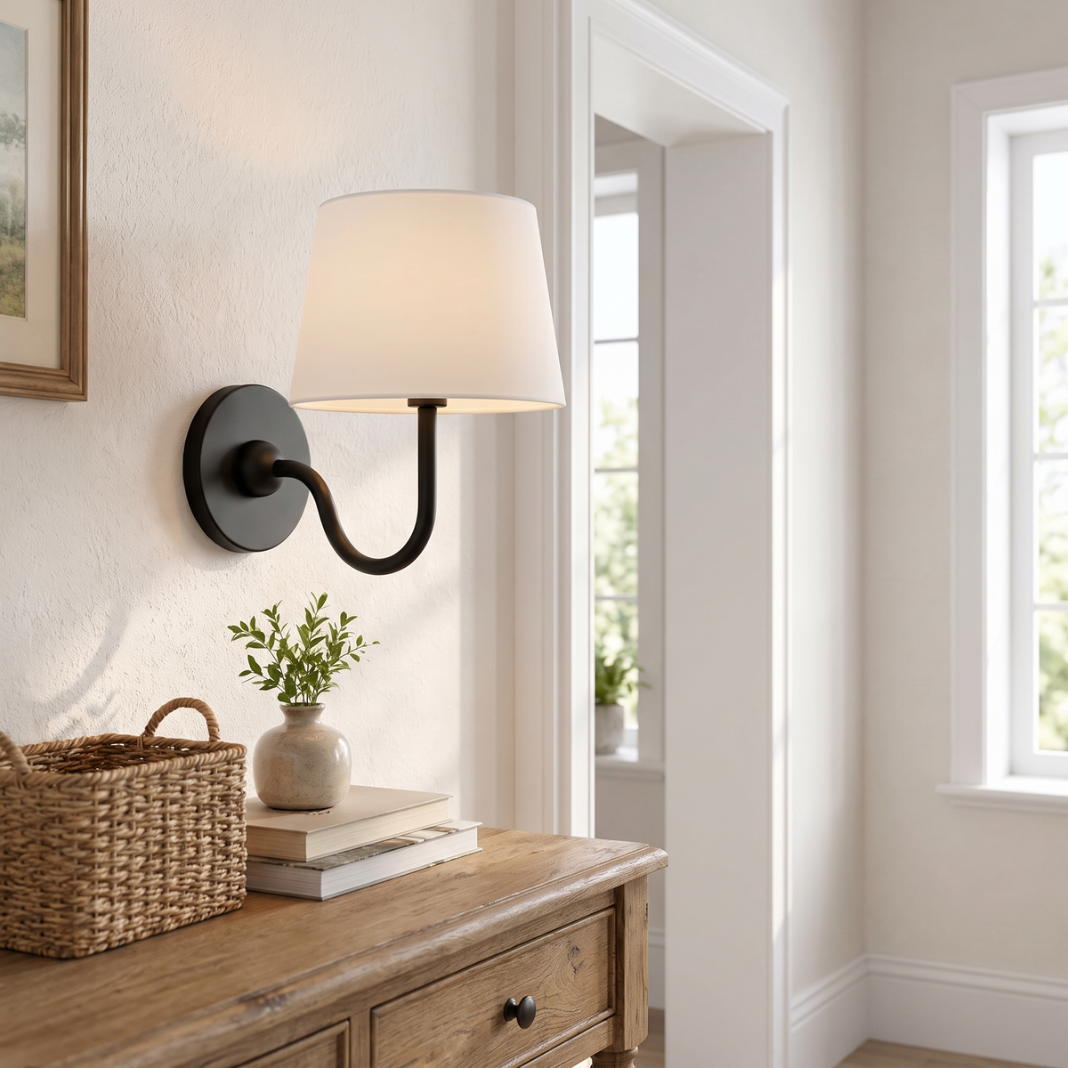 Luvora Fabric Drum Wall Sconce in matte black with white plain shade