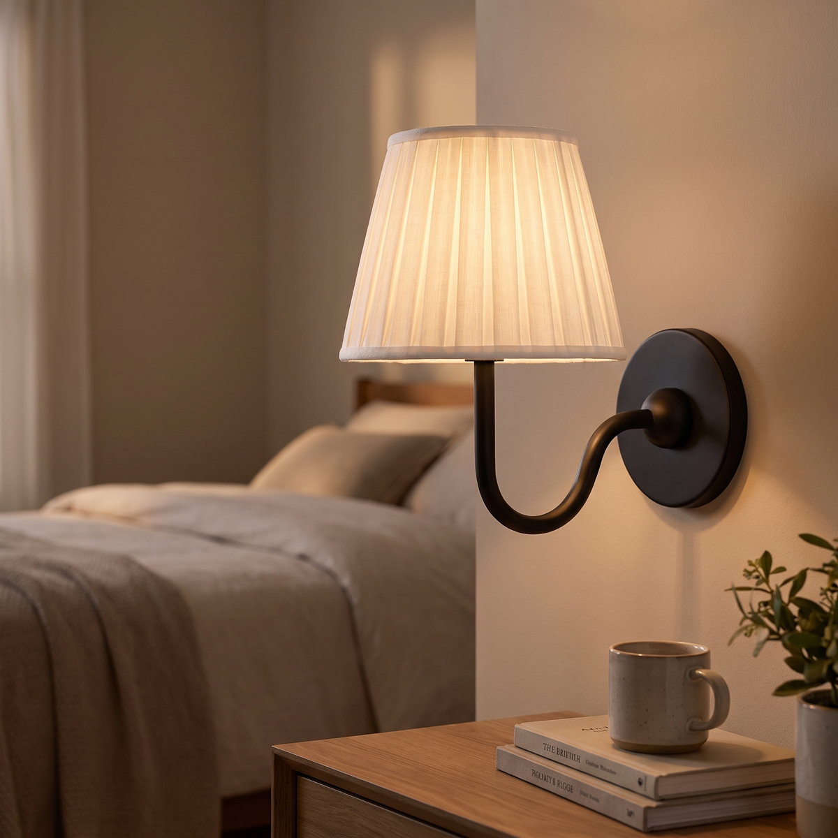 Luvora Fabric Drum Wall Sconce in matte black with white pleated shade