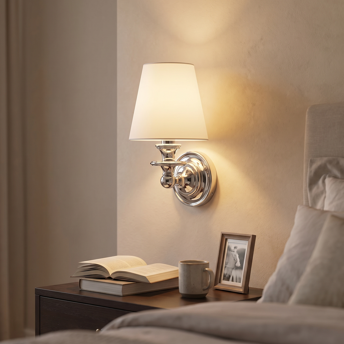 Rowan Drum Shade Wall Sconce in chrome with white plain shade