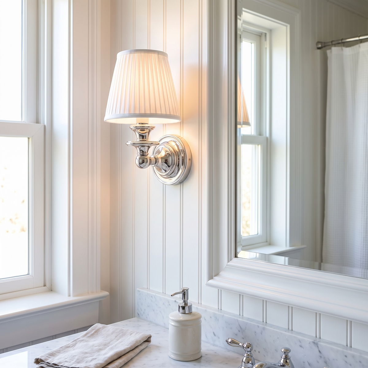 Rowan Drum Shade Wall Sconce in chrome with white pleated shade