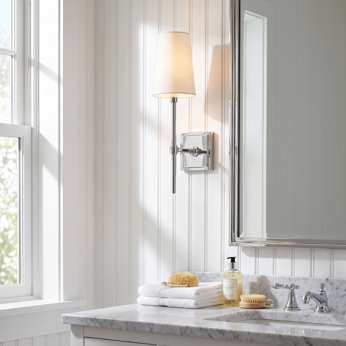 Rowan Linen Shade Wall Lamp in chrome