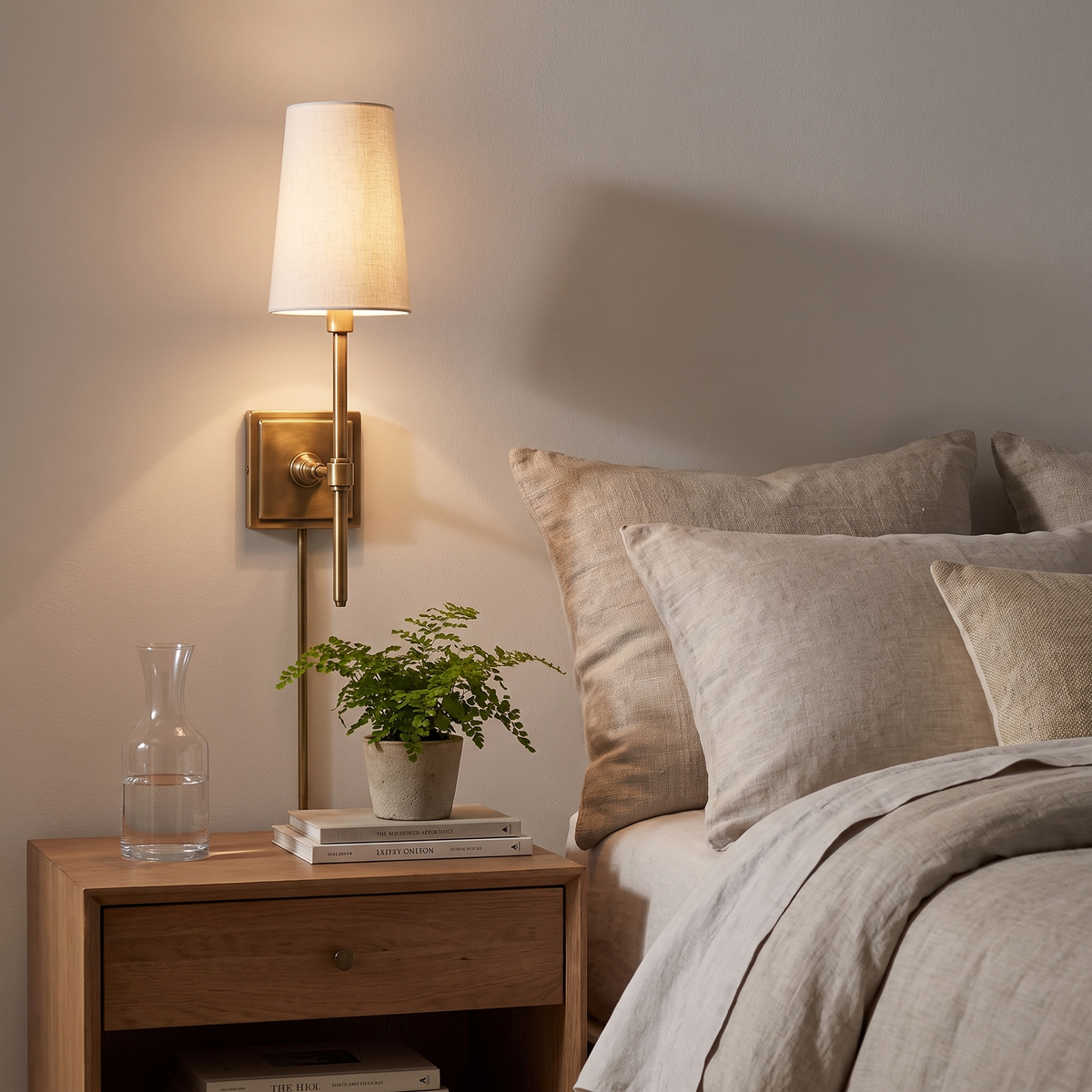 Rowan Linen Shade Wall Lamp in tumbled brass
