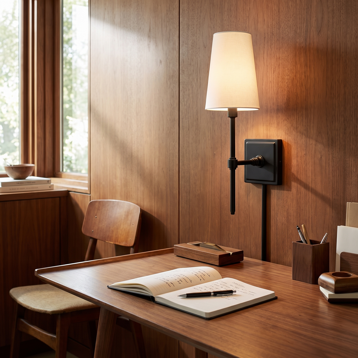 Rowan Linen Shade Wall Lamp in matte black