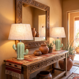 Pair of Cactus Ceramic Table Lamps on a Southwestern foyer console table