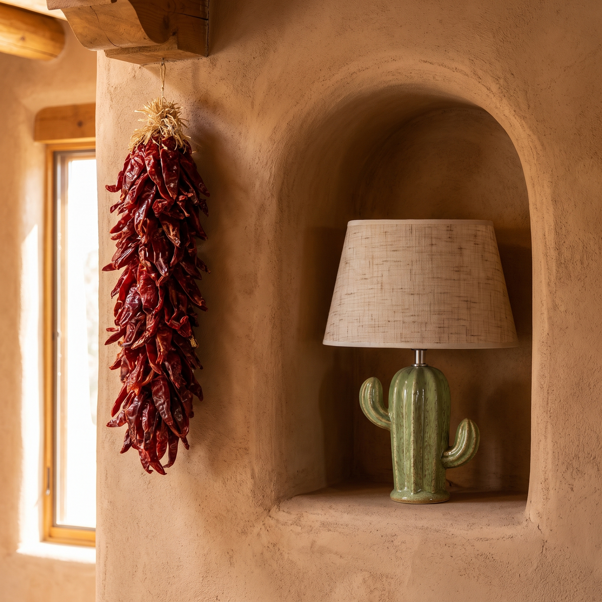 Cactus Ceramic Table Lamp in an adobe arch alcove beside a chili ristra, Santa Fe style