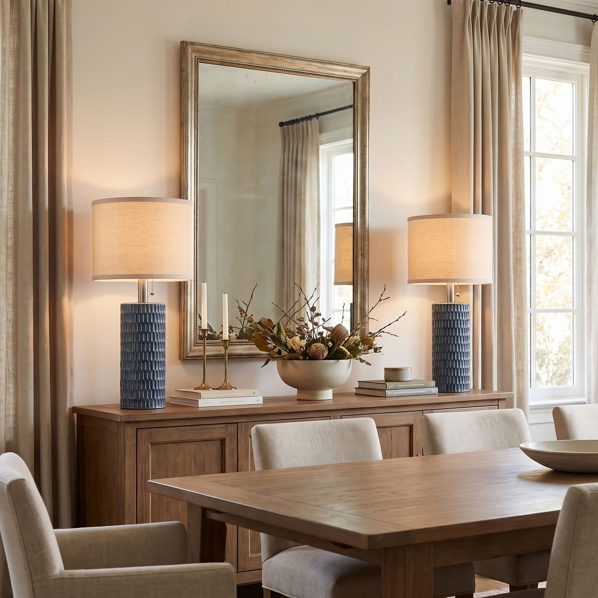 Blue ceramic lamp pair styled on a large dining room buffet