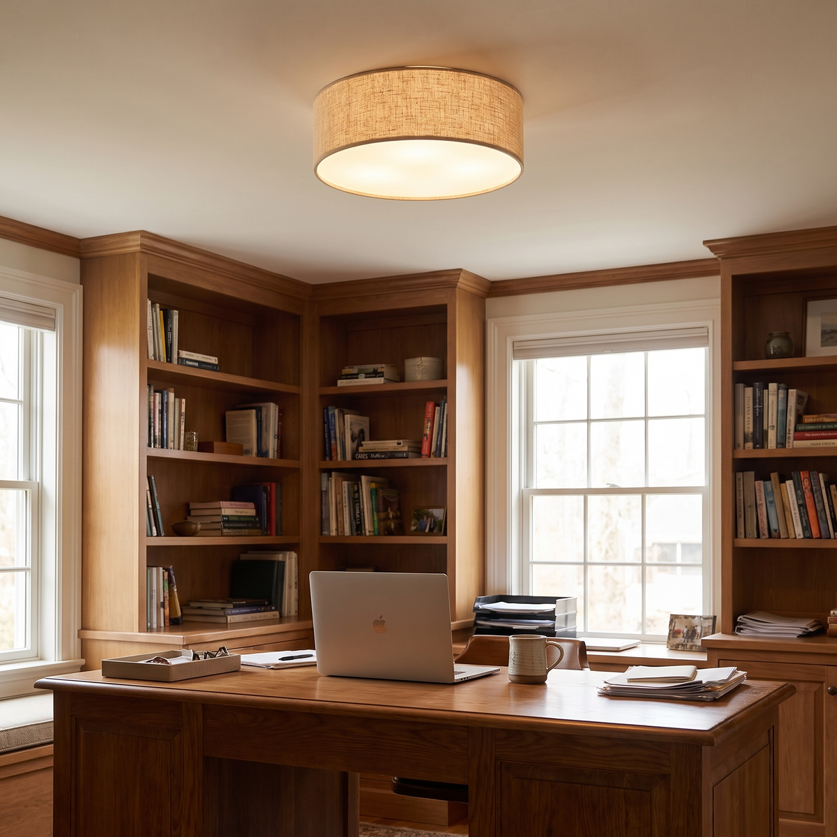 18-inch linen drum flush mount light on a home office ceiling above a wooden desk