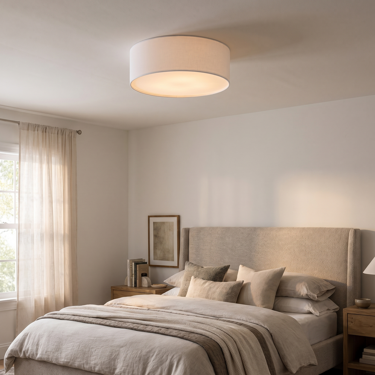 White linen shade drum flush mount light on a primary bedroom ceiling