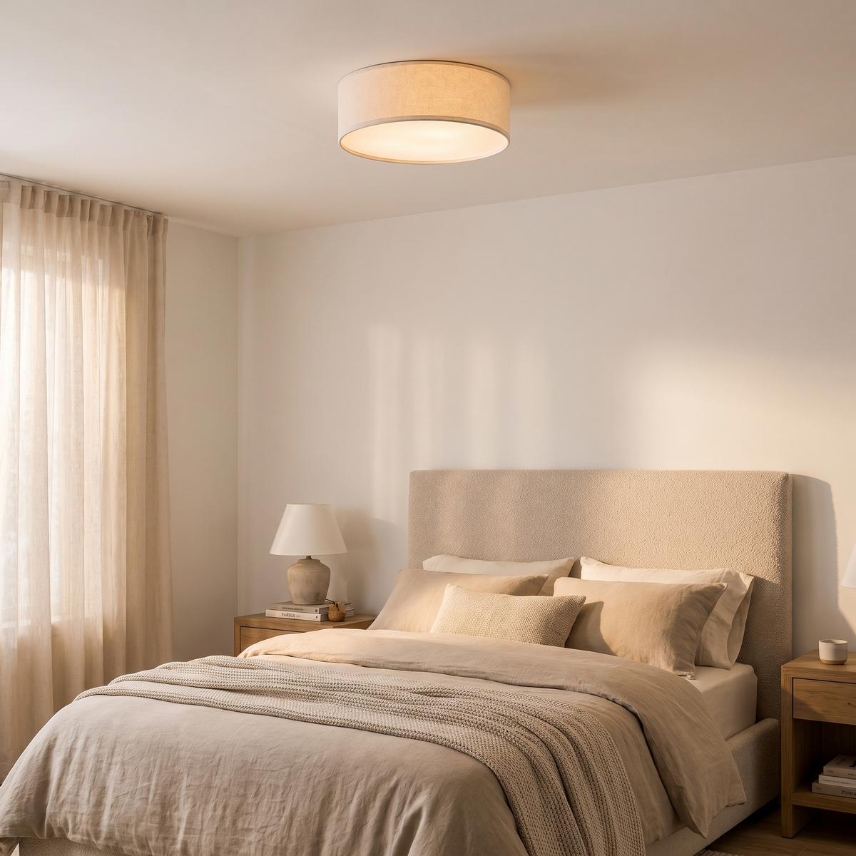 18-inch linen drum flush mount light on a primary bedroom ceiling above an upholstered bed