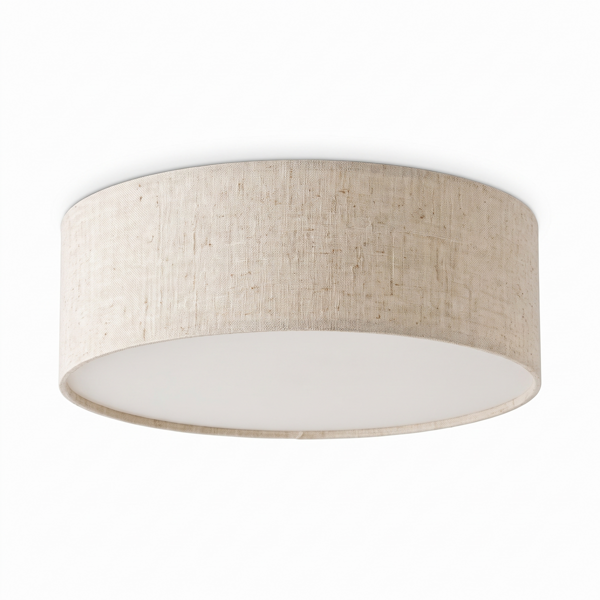 Dumora linen drum flush mount light in white flax on a pure white background