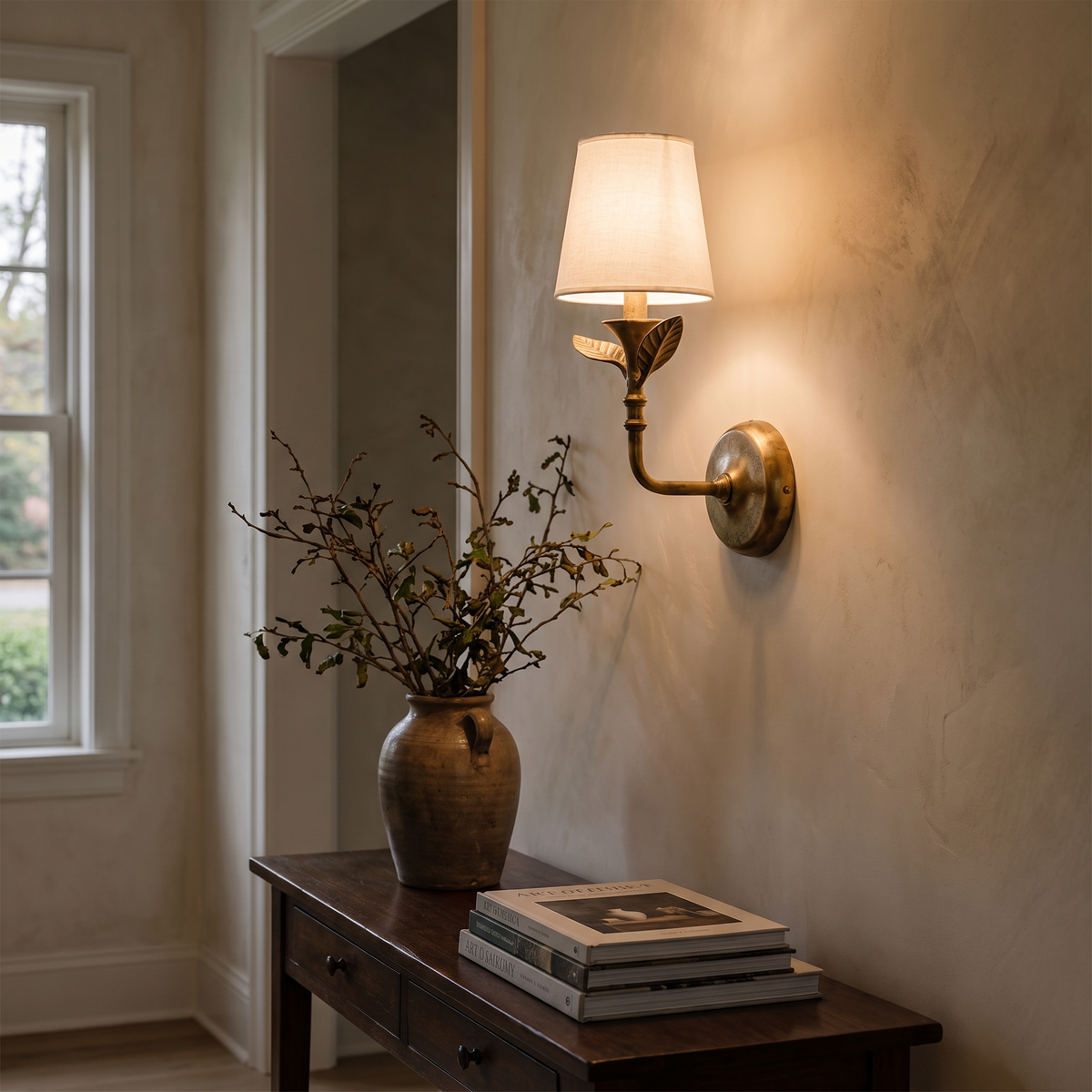 Roven Botanical Wall Sconce mounted in a warm plaster hallway at dusk