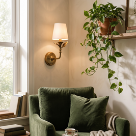 Roven Botanical Wall Sconce in a reading nook beside a velvet armchair