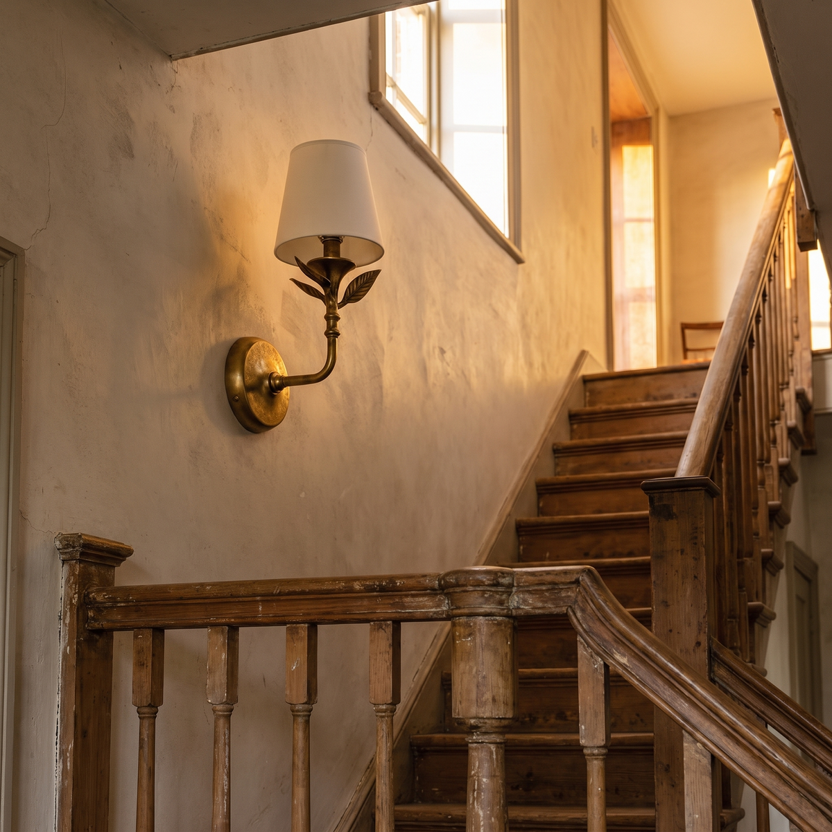 Roven Botanical Wall Sconce lighting a staircase wall in the evening