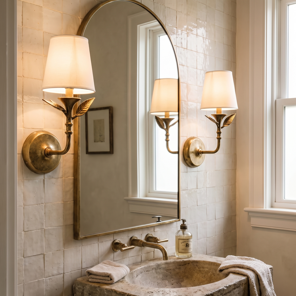 Pair of Roven Botanical Wall Sconces flanking an arched bathroom mirror