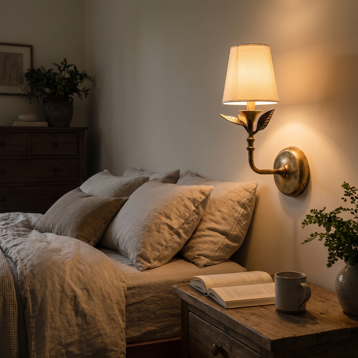 Roven Botanical Wall Sconce lit above a bedside table