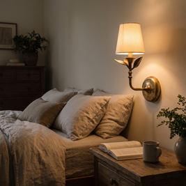 Roven Botanical Wall Sconce lit above a bedside table