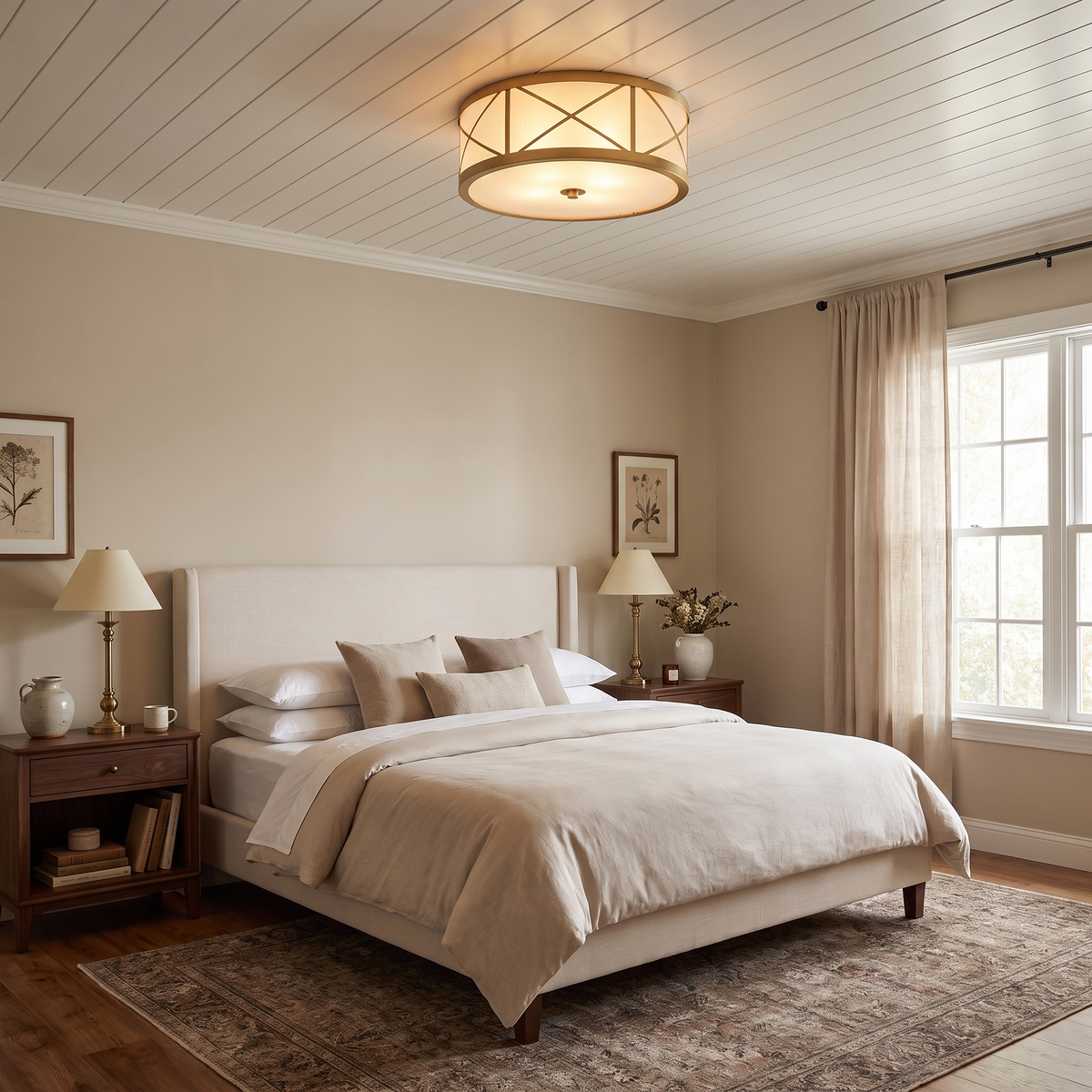 Montpelier Art Deco Flush Mount lighting a traditional classic American bedroom with rich wood tones