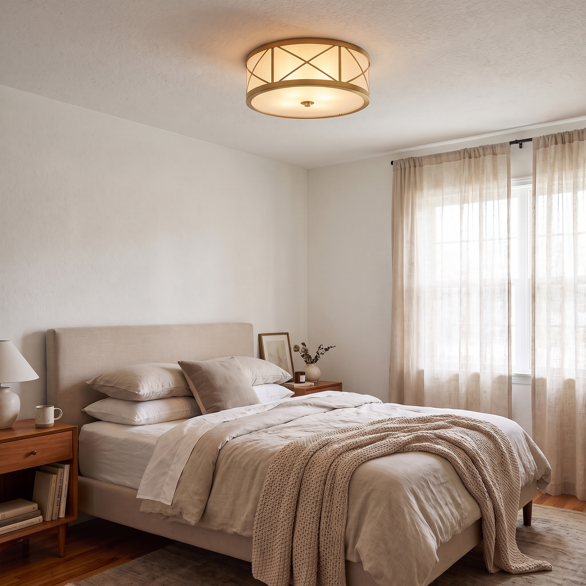Montpelier Art Deco Flush Mount in lacquered burnished brass with frosted glass shades on a pure white background
