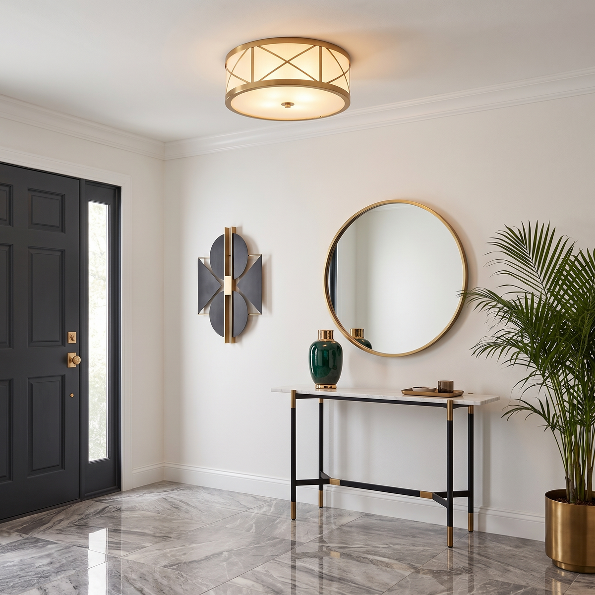 Montpelier Art Deco Flush Mount installed in a contemporary luxe entry foyer with marble console and brass accents