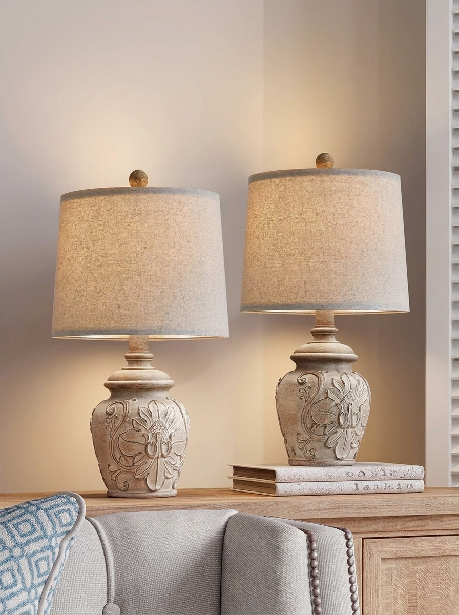 Carved Resin Table Lamp with Fabric Shade