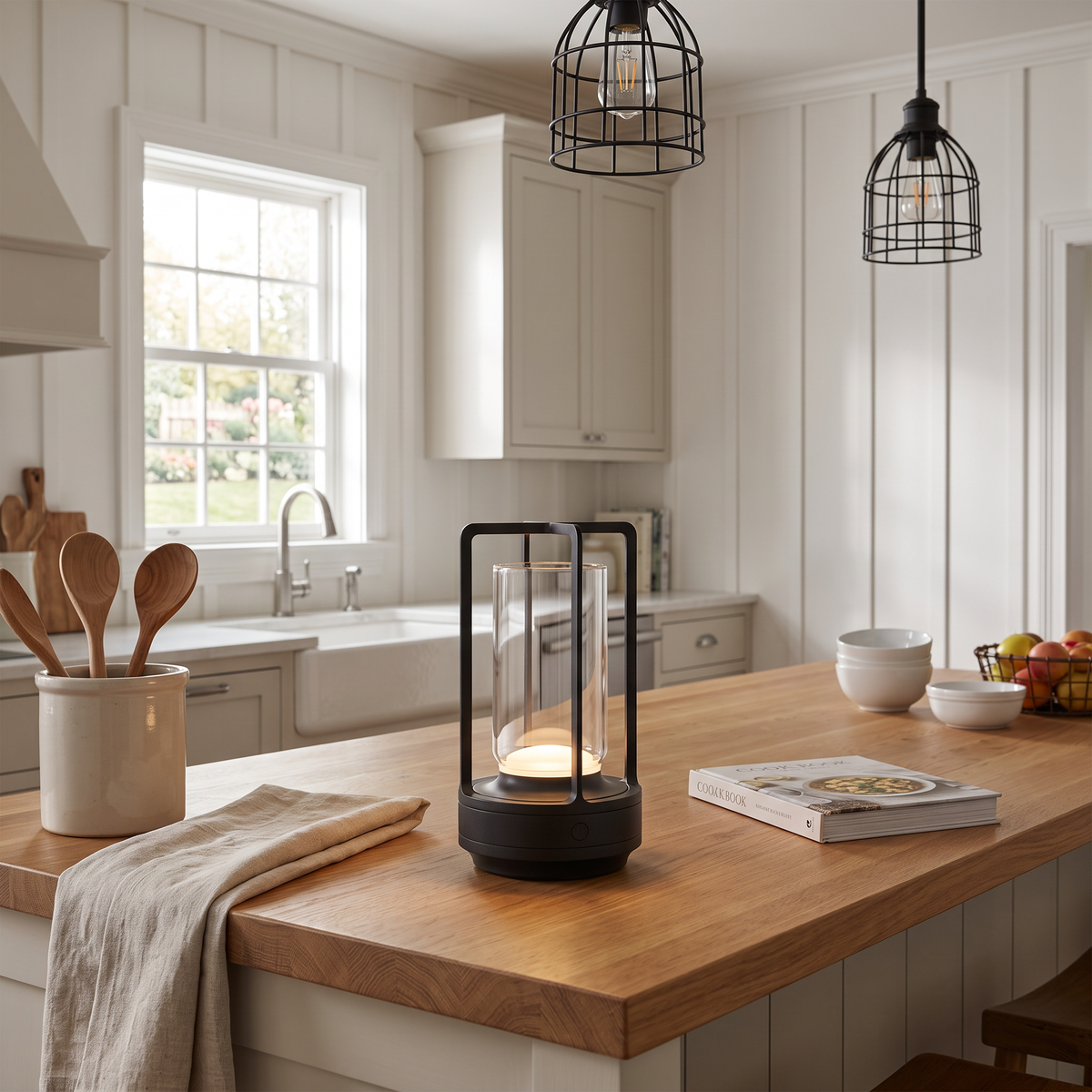 Crystal Table Lantern in black on a butcher-block island in a modern farmhouse kitchen