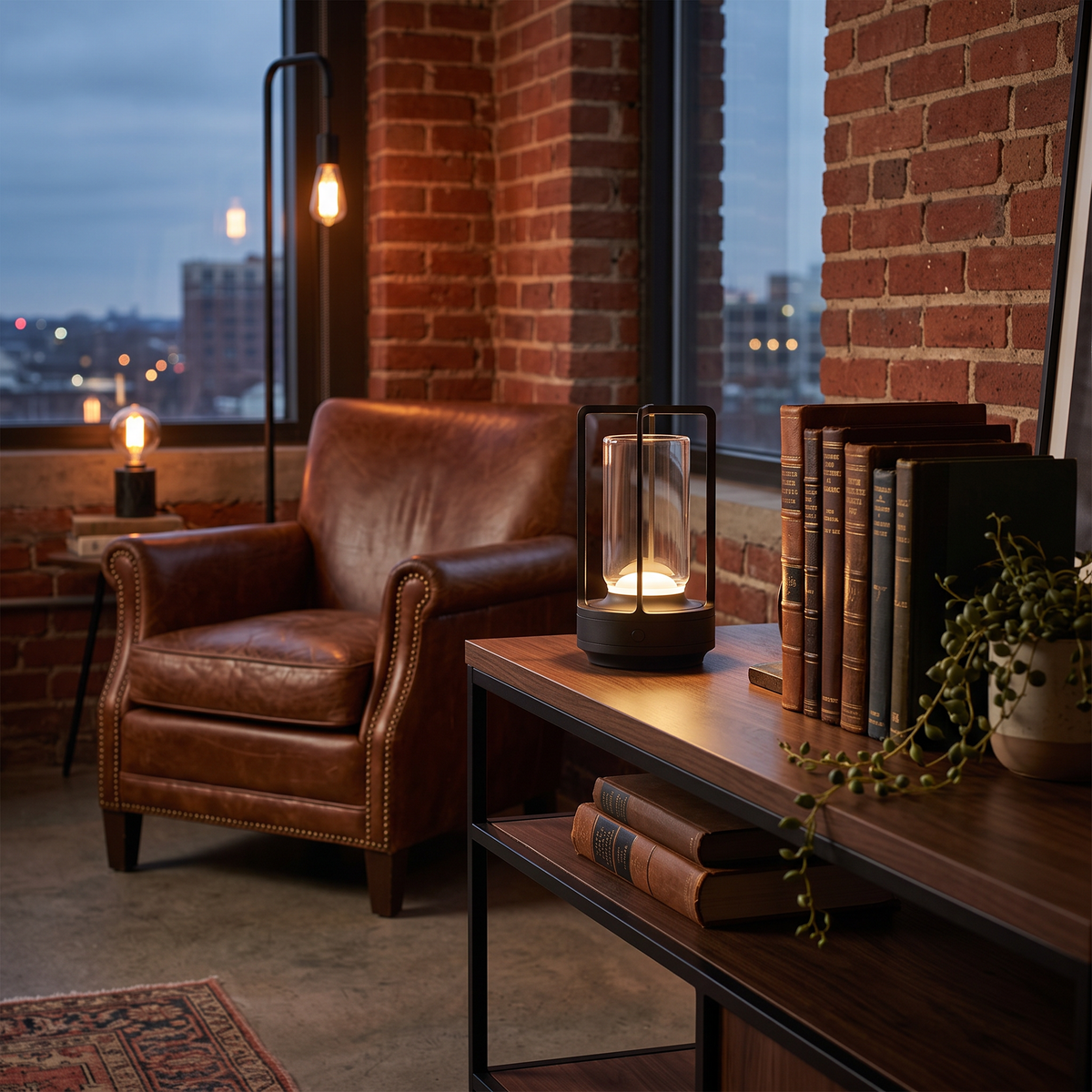 Crystal Table Lantern in black on a walnut console in an industrial loft living room