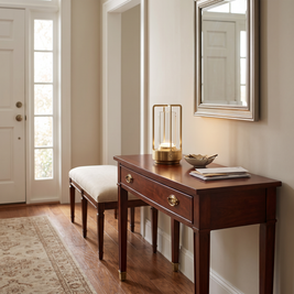 Crystal Table Lantern in natural brass on a mahogany console table in a classic American entryway