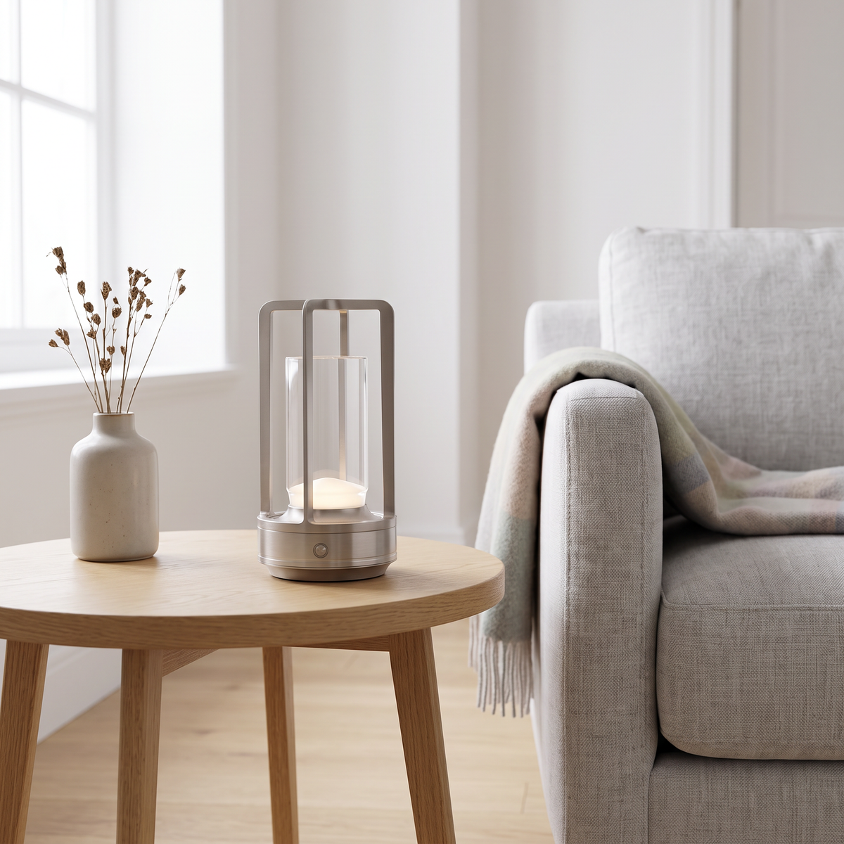 Crystal Table Lantern in satin nickel on an oak side table in a Scandinavian minimalist living room