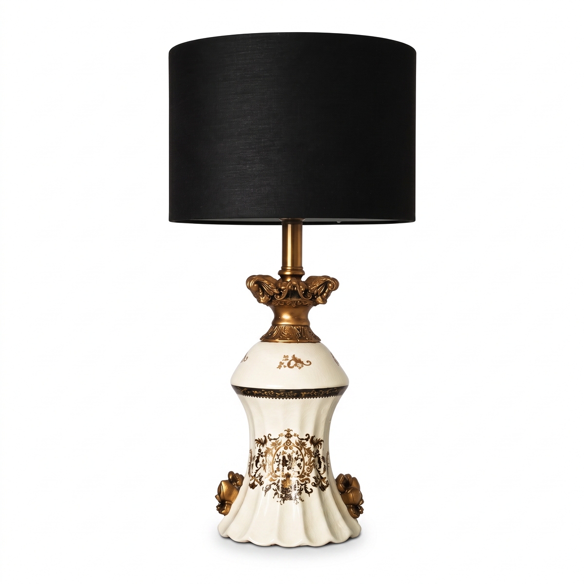 French Vintage Ceramic Table Lamp (Ornate Gold Motif) on a white background