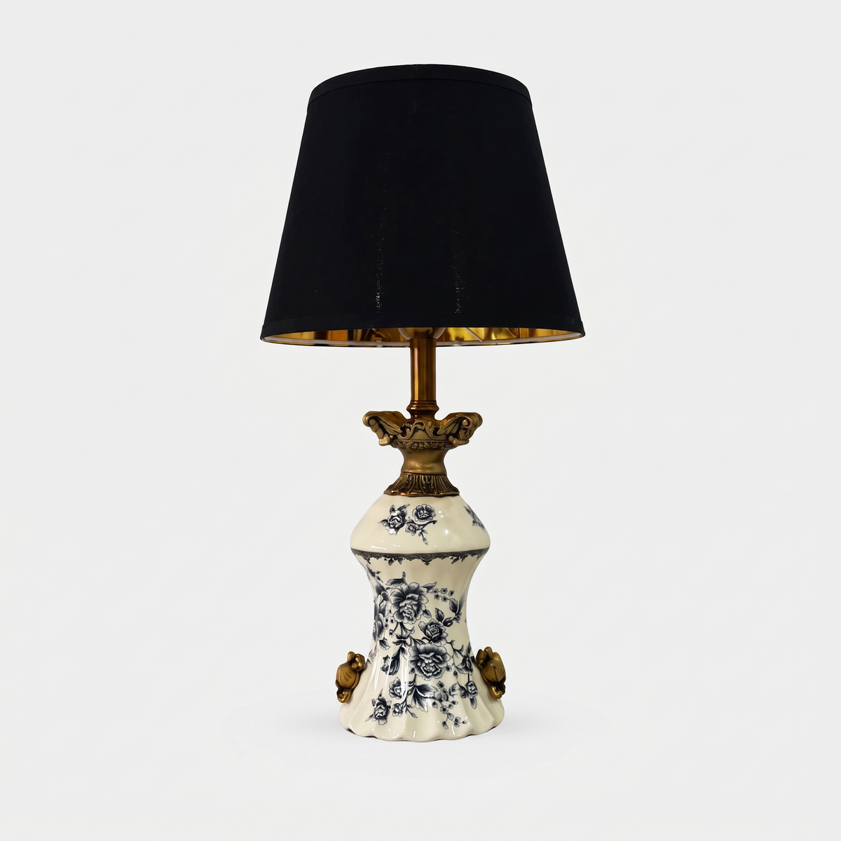 French Vintage Ceramic Table Lamp (Blue Porcelain Motif) on a white background