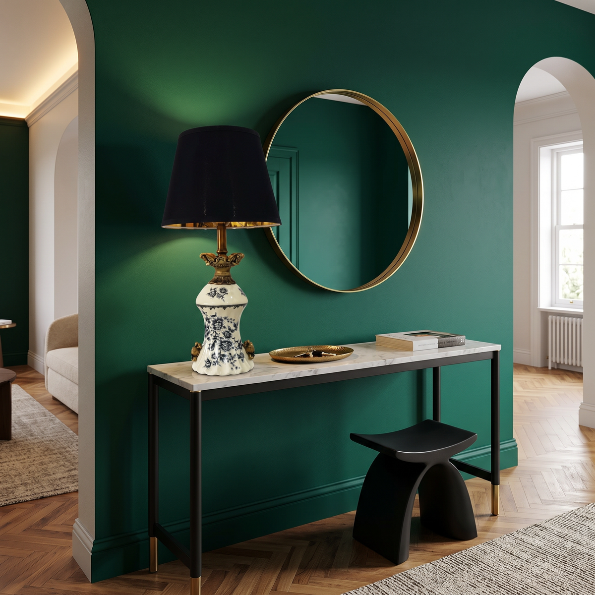 French Vintage Ceramic Table Lamp (Blue Porcelain Motif) in a styled room