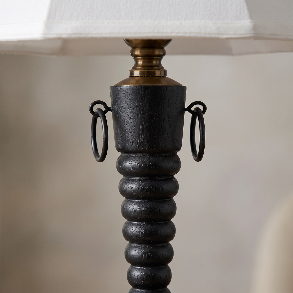 Vintage Black Wood Table Lamp turned wood base detail close-up