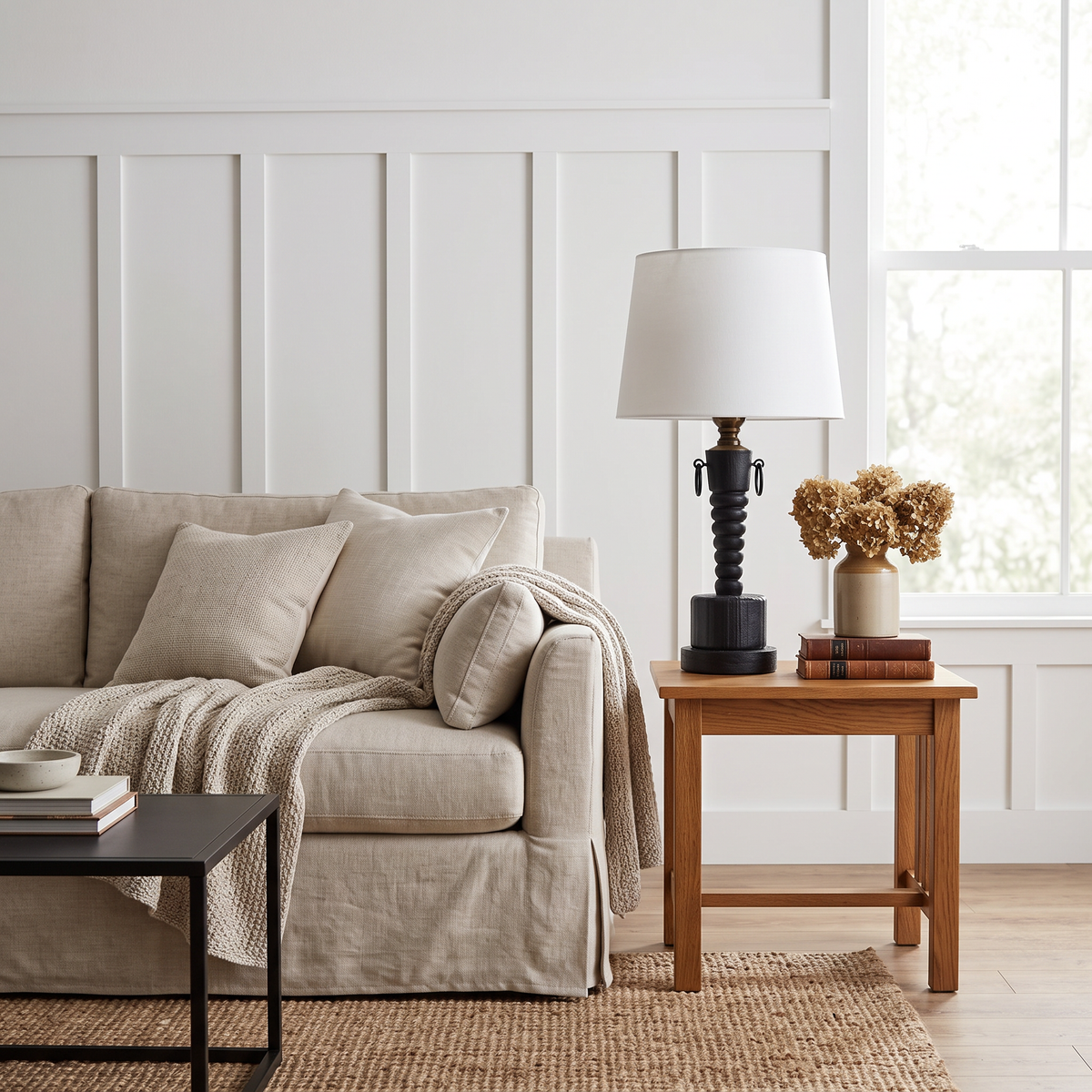Vintage Black Wood Table Lamp with white fabric shade in a styled room
