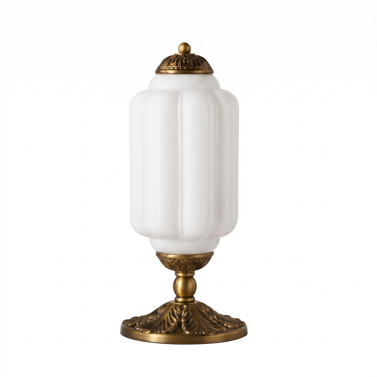 Vintage Glass Eloise Table Lamp (brass / white) on a white background