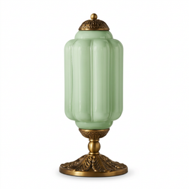 Vintage Glass Eloise Table Lamp (brass / green) on a white background