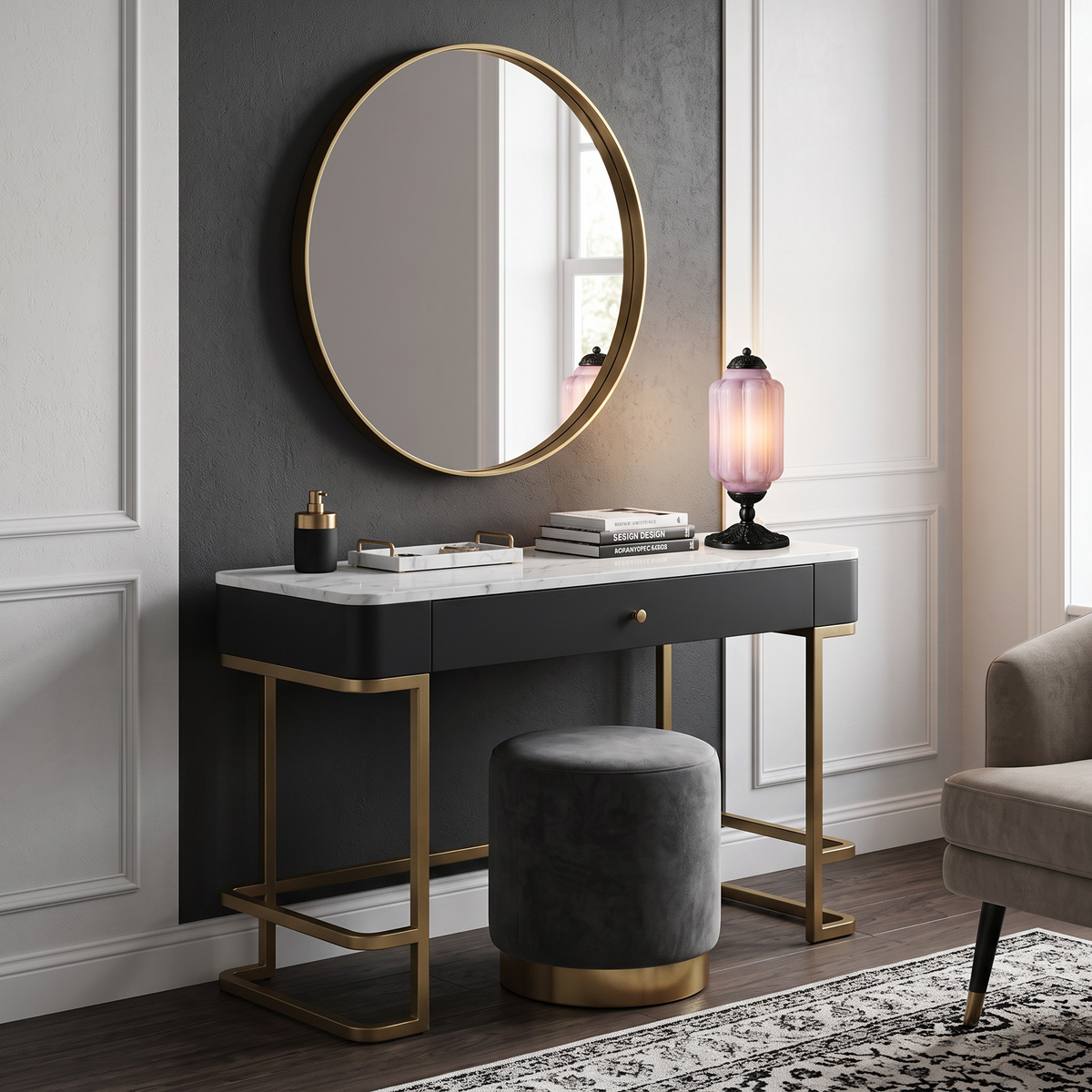 Vintage Glass Eloise Table Lamp (black / lavender) in a styled room