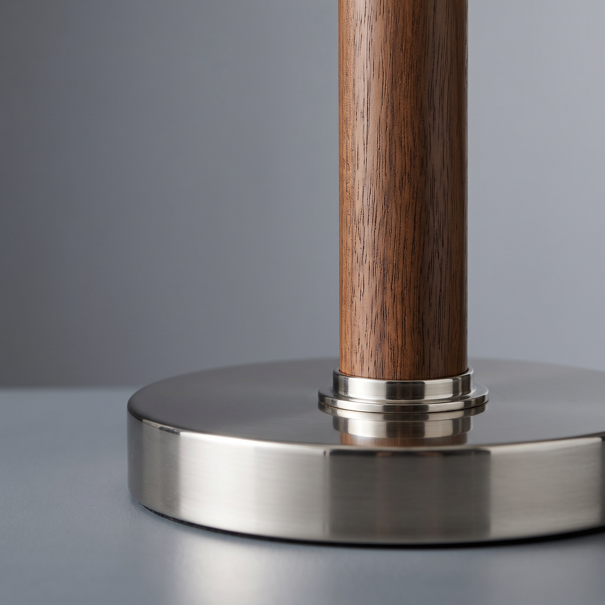 Wood Swing Arm Table Lamp base and wood upright detail close-up