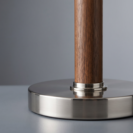 Wood Swing Arm Table Lamp base and wood upright detail close-up